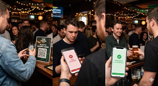 Bar crawl participants experience showing: scanning QR code at pub, limit exceeded message, and successful redemption with drinks