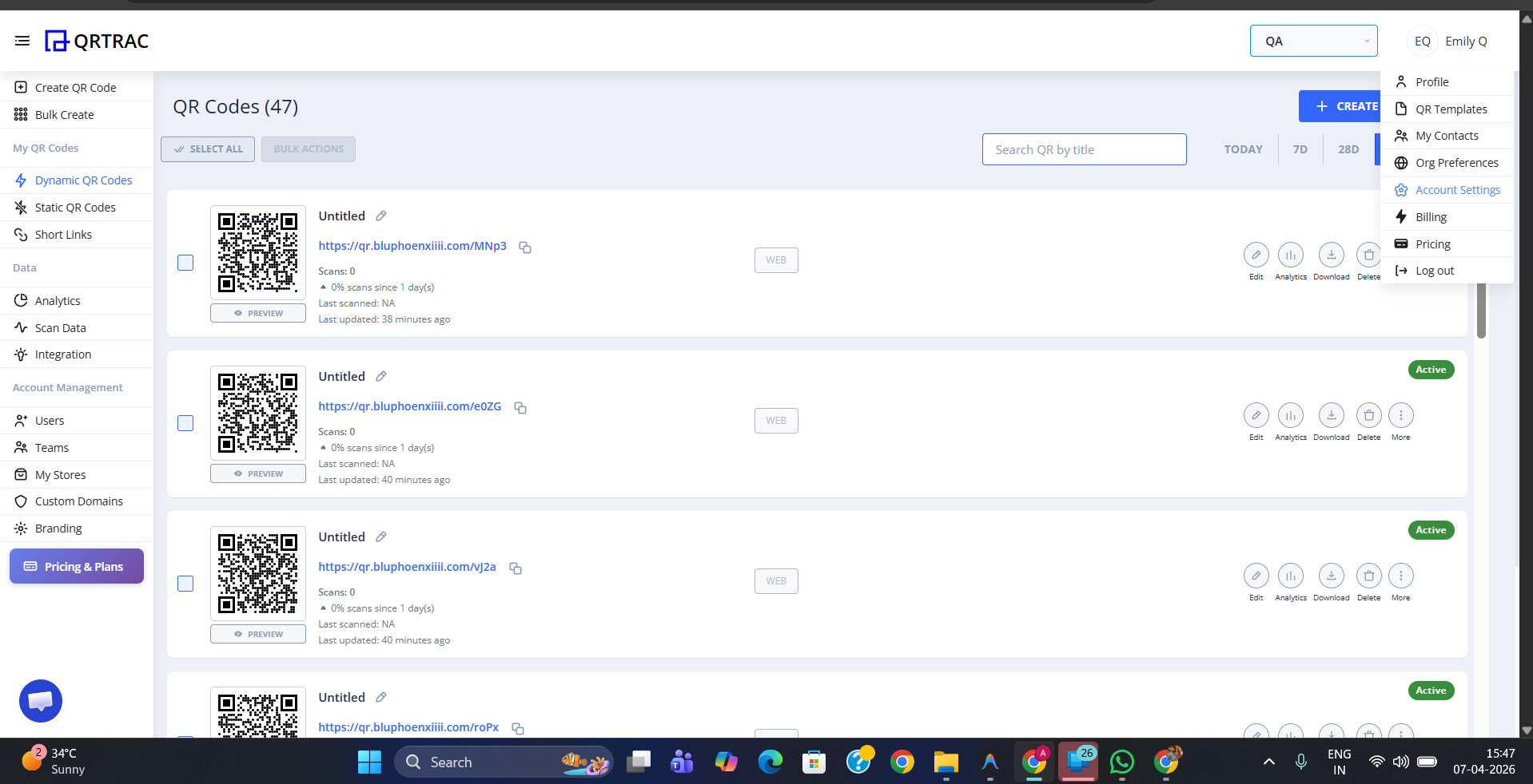QRTRAC dashboard account dropdown with Account Settings highlighted