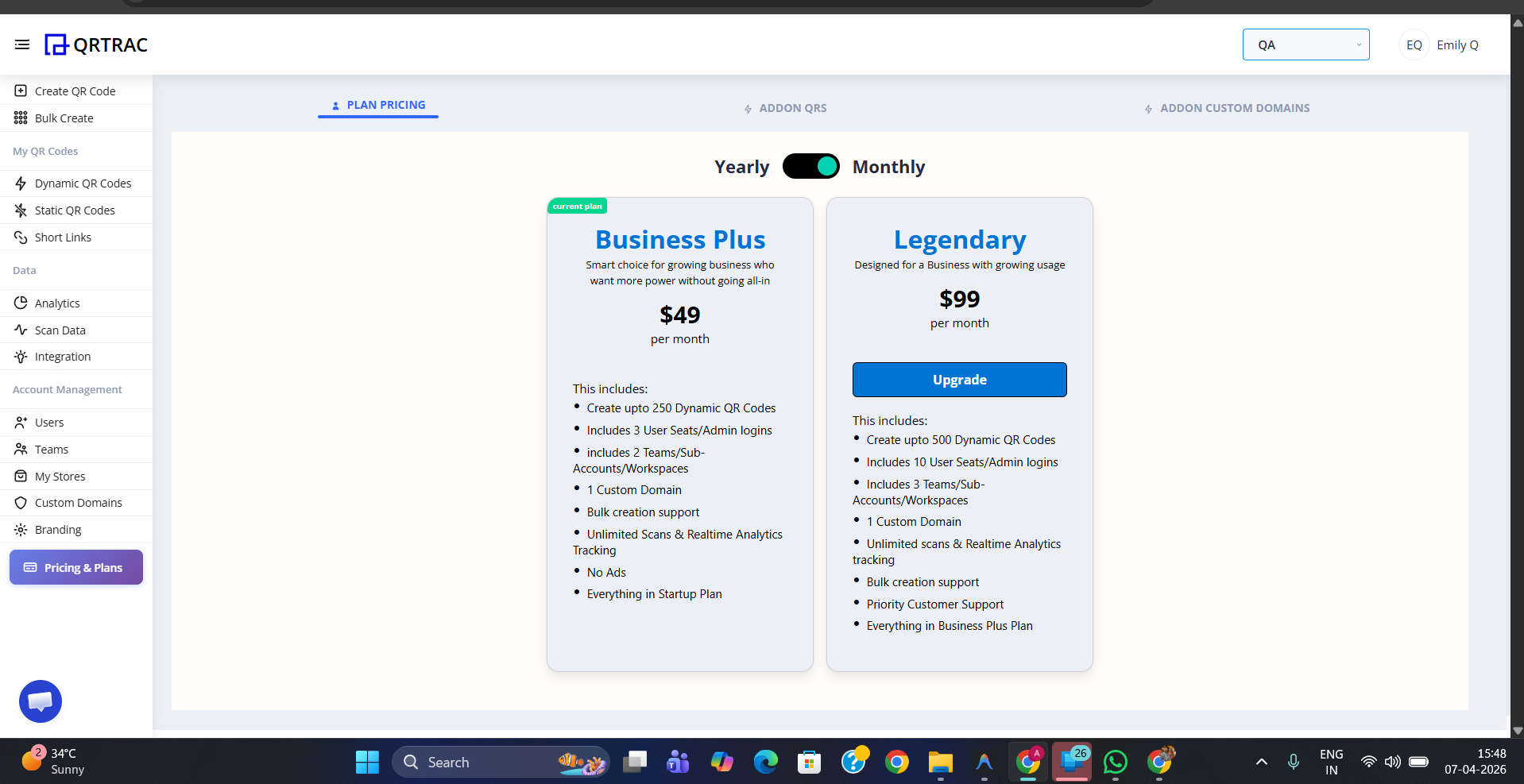 Plan pricing page showing Business Plus at $49/month and Legendary at $99/month with a yearly/monthly toggle
