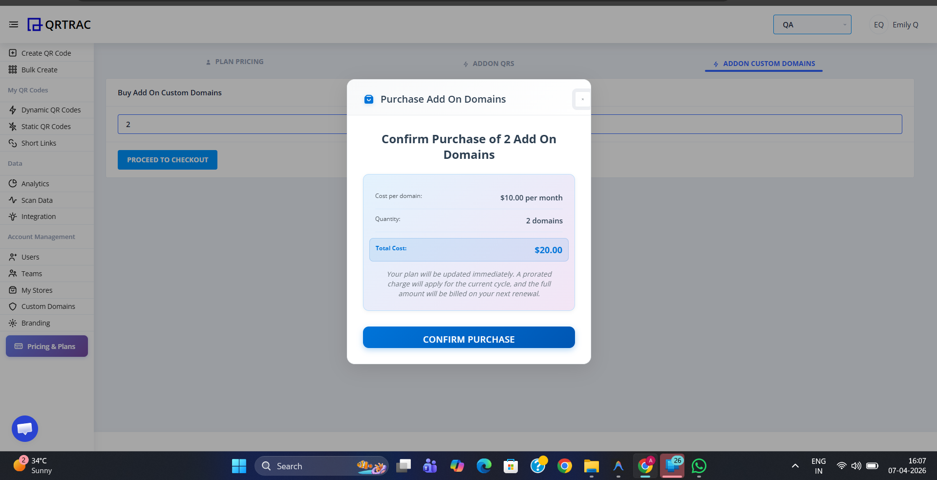 Buy More Custom Domains page with quantity input and a confirmation modal showing 2 domains at $10/month each with a Confirm Purchase button