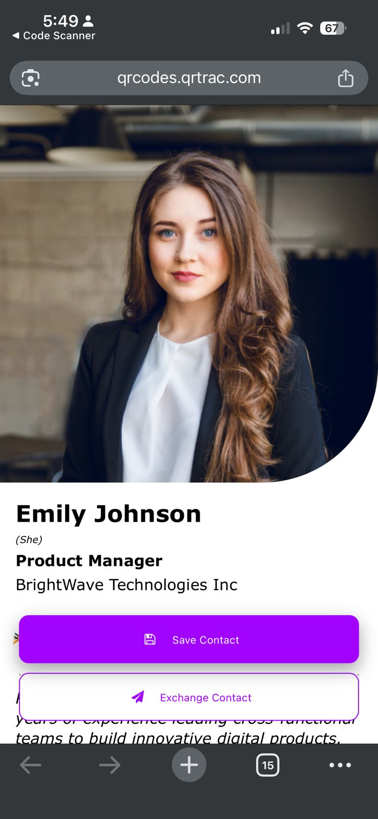 Mobile screen showing QR code content — a digital business card — after age confirmation was accepted