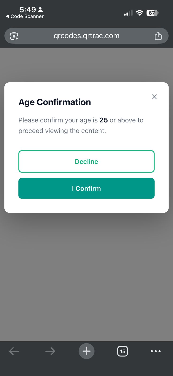 Mobile screen showing QRTRAC Age Confirmation dialog with Decline and I Confirm buttons on qrcodes.qrtrac.com