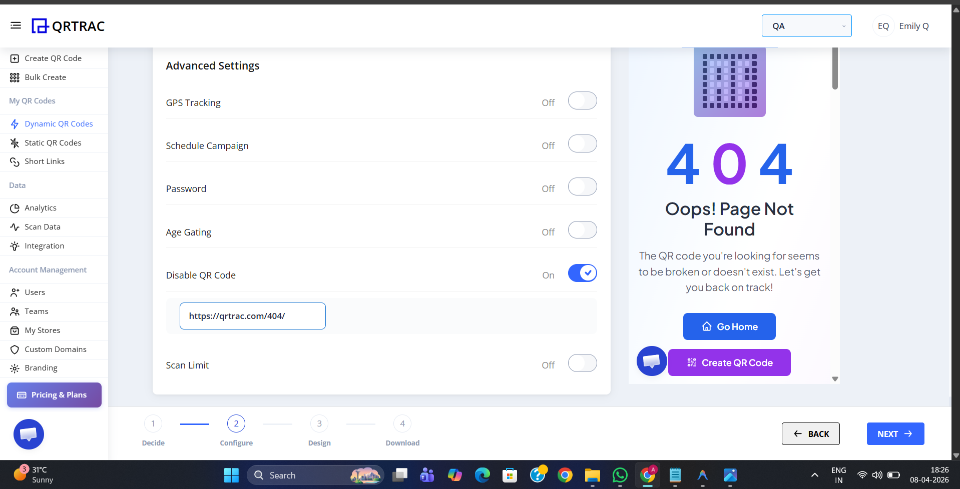 QRTRAC Advanced Settings with Disable QR Code toggle ON and redirect URL filled in, showing 404 preview on the right