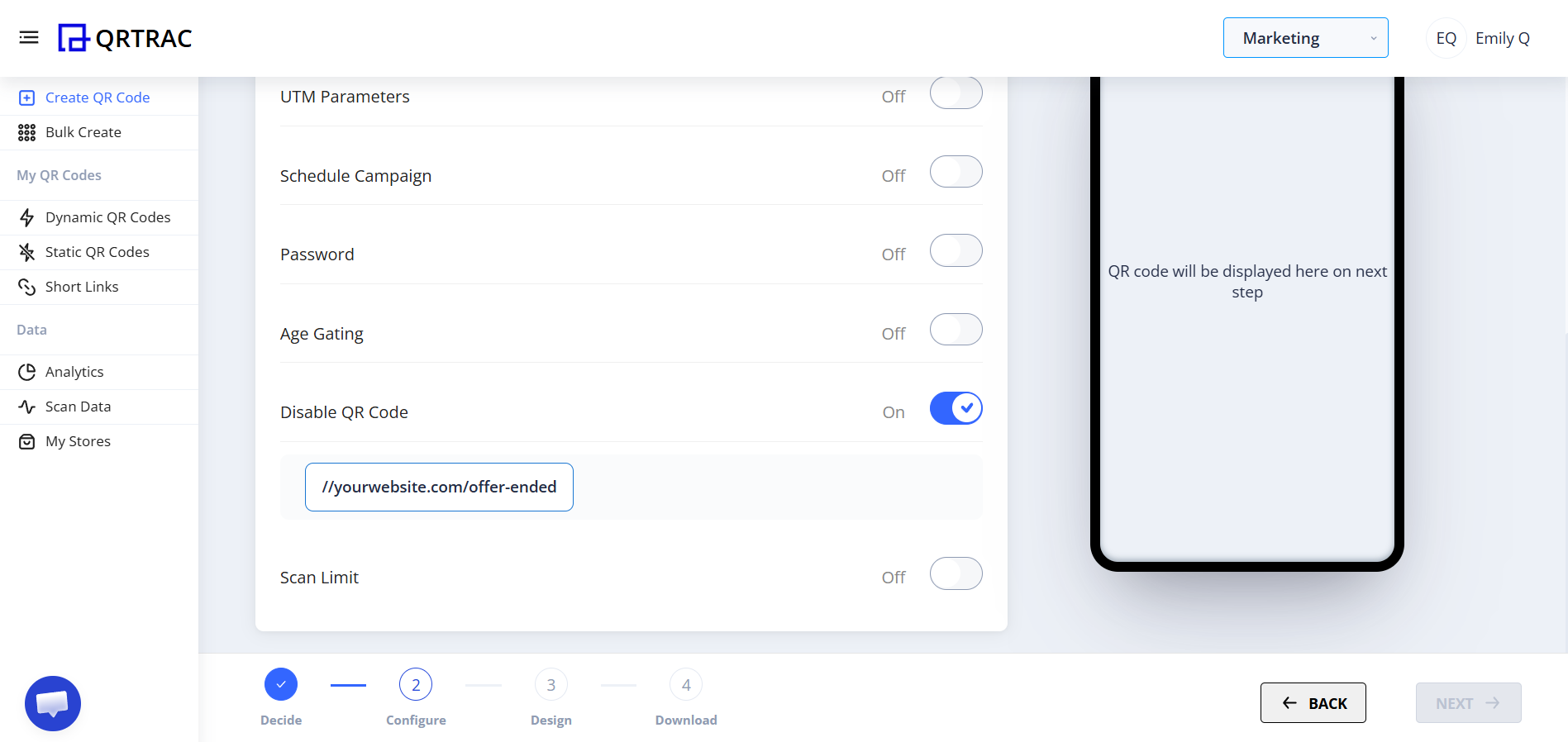 Redirect URL field for disabled QR codes