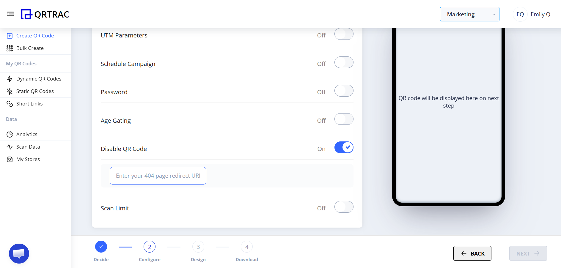 Disable QR Code toggle enabled in Advanced Settings