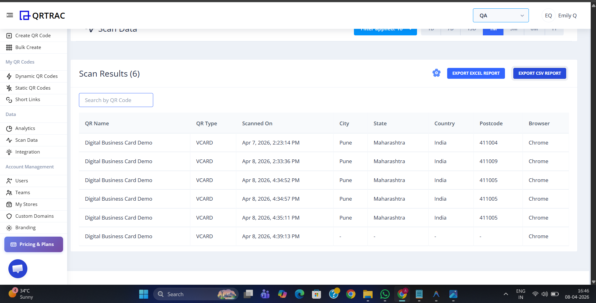 QRTRAC Scan Data table showing City, State, Country and Postcode columns for each scan result