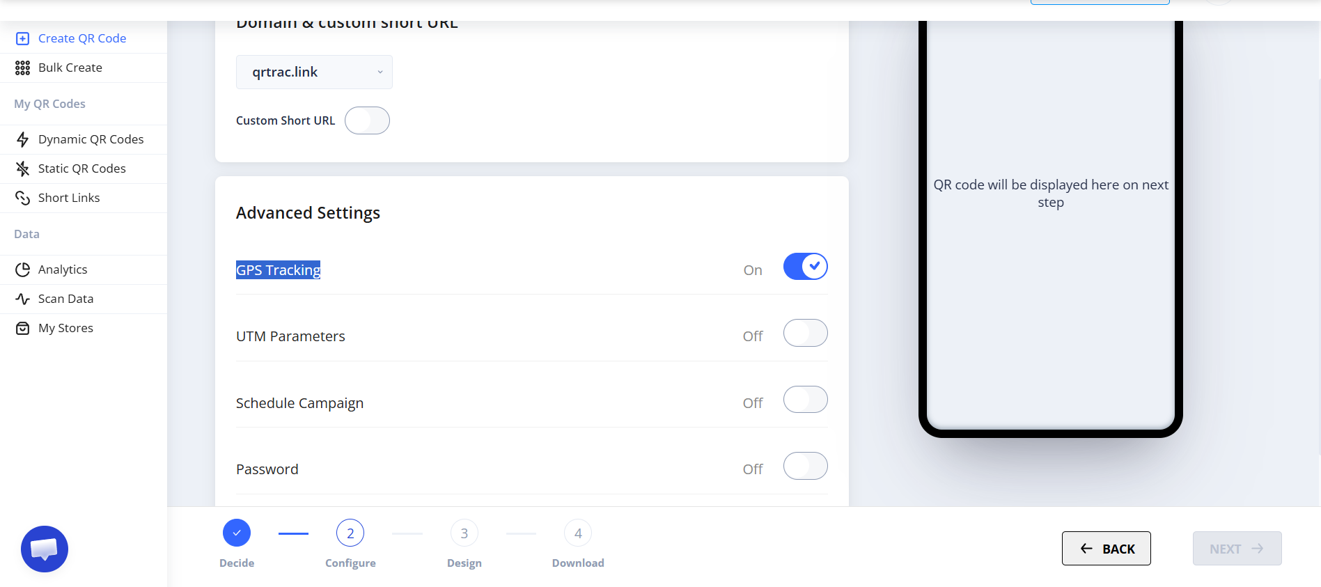 GPS Tracking toggle in Advanced Settings panel