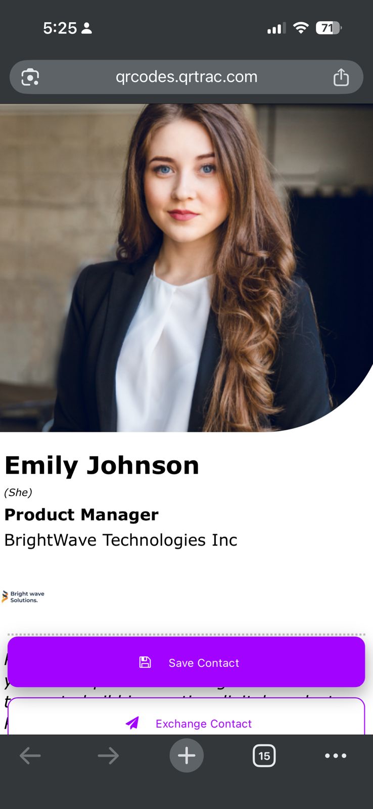 Mobile screen showing the QR code content — a digital business card — after the correct password was entered