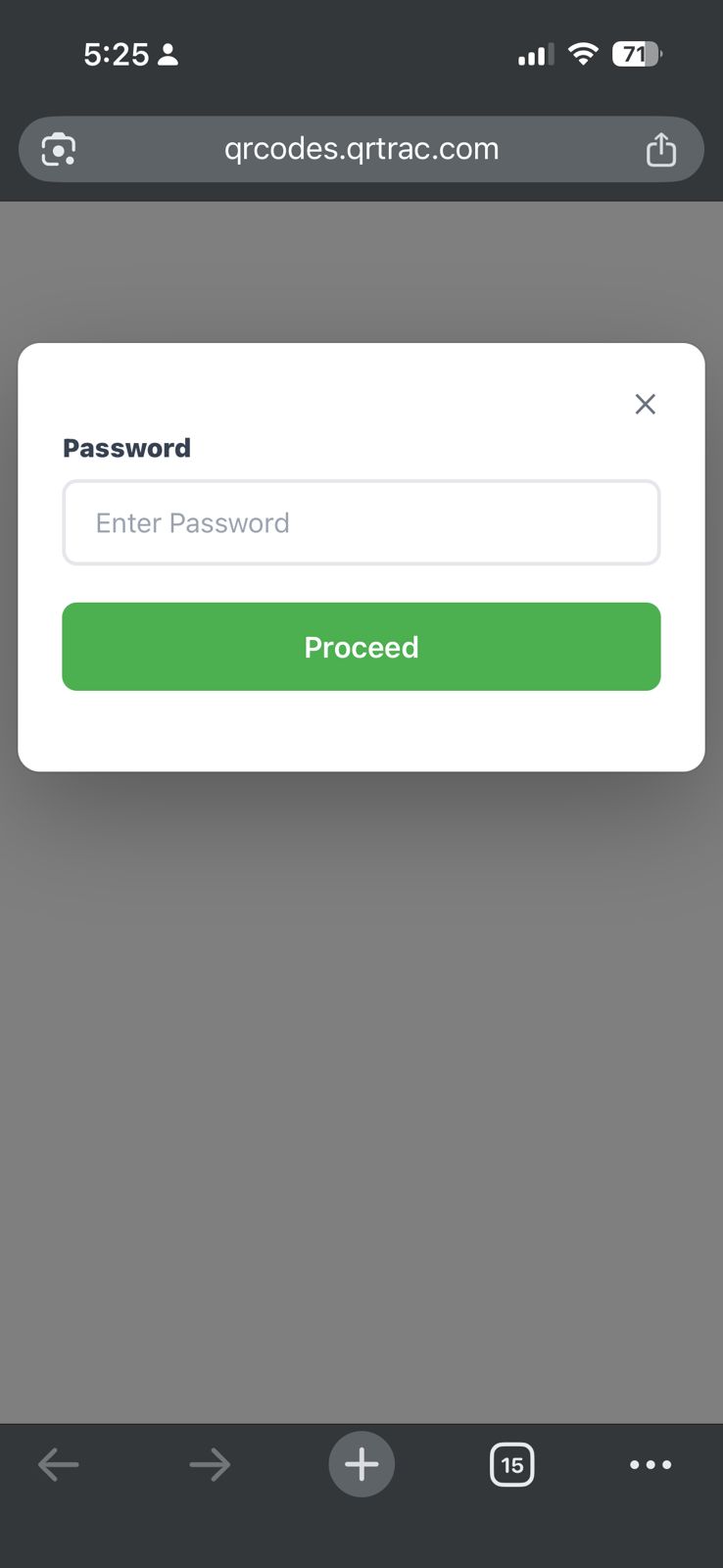 Mobile screen showing QRTRAC password prompt with Enter Password field and Proceed button on qrcodes.qrtrac.com