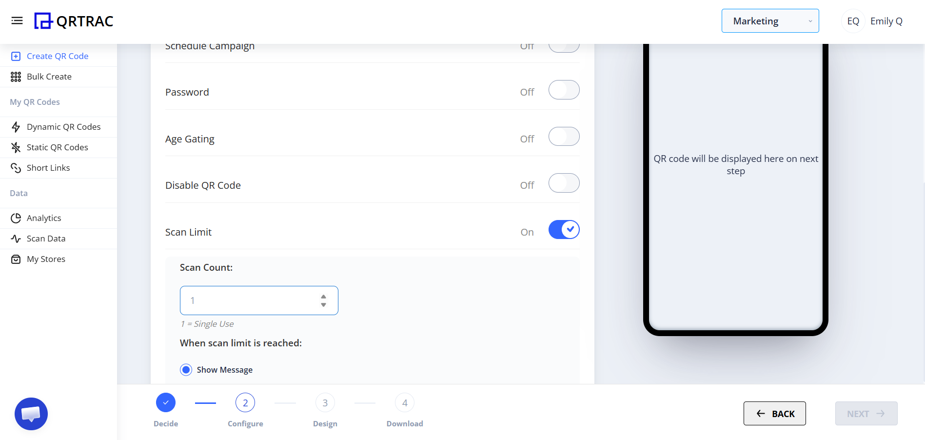 QRTRAC Scan Limit settings with Scan Count set to 1 and Show Message option selected