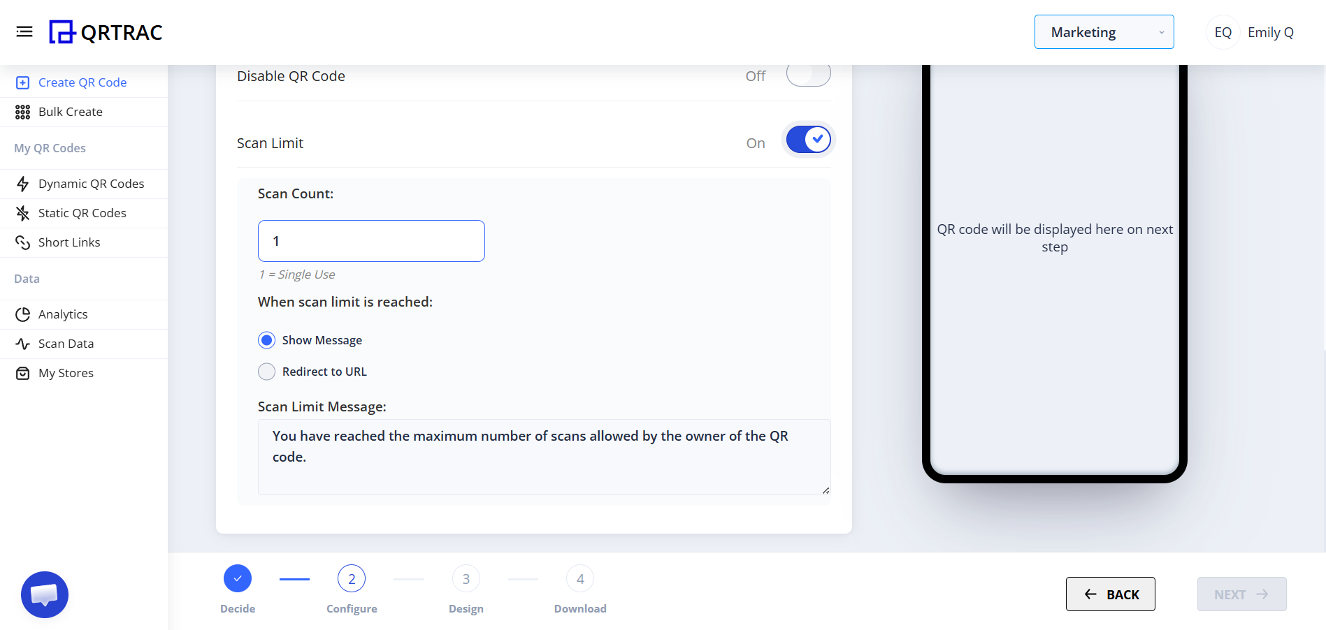 Show Message option when scan limit is reached