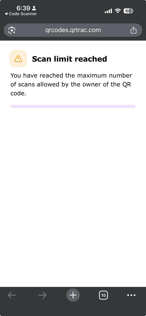 Mobile screen showing Scan limit reached message on qrcodes.qrtrac.com after the scan count was exceeded