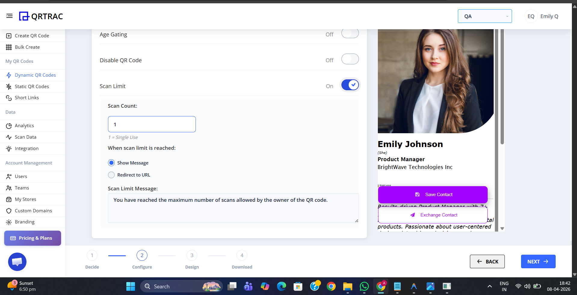 QRTRAC Advanced Settings with Scan Limit toggle ON showing Scan Count field, Show Message option selected, and Scan Limit Message text