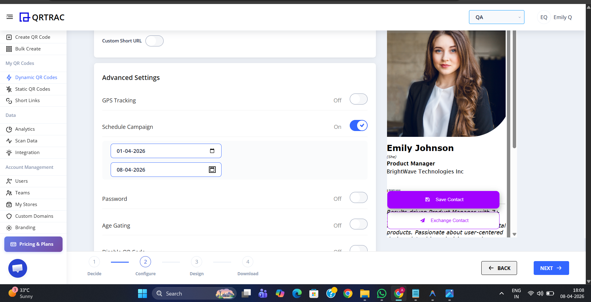 QRTRAC Advanced Settings with Schedule Campaign dates filled in — showing start date 01-04-2026 and end date 08-04-2026