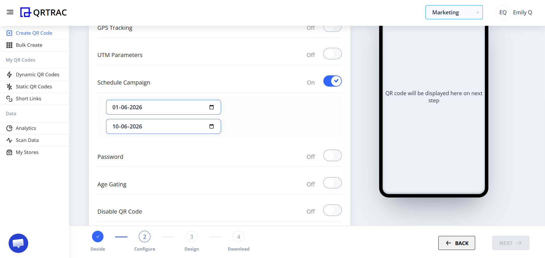 End date and time selection fields for scheduled campaign