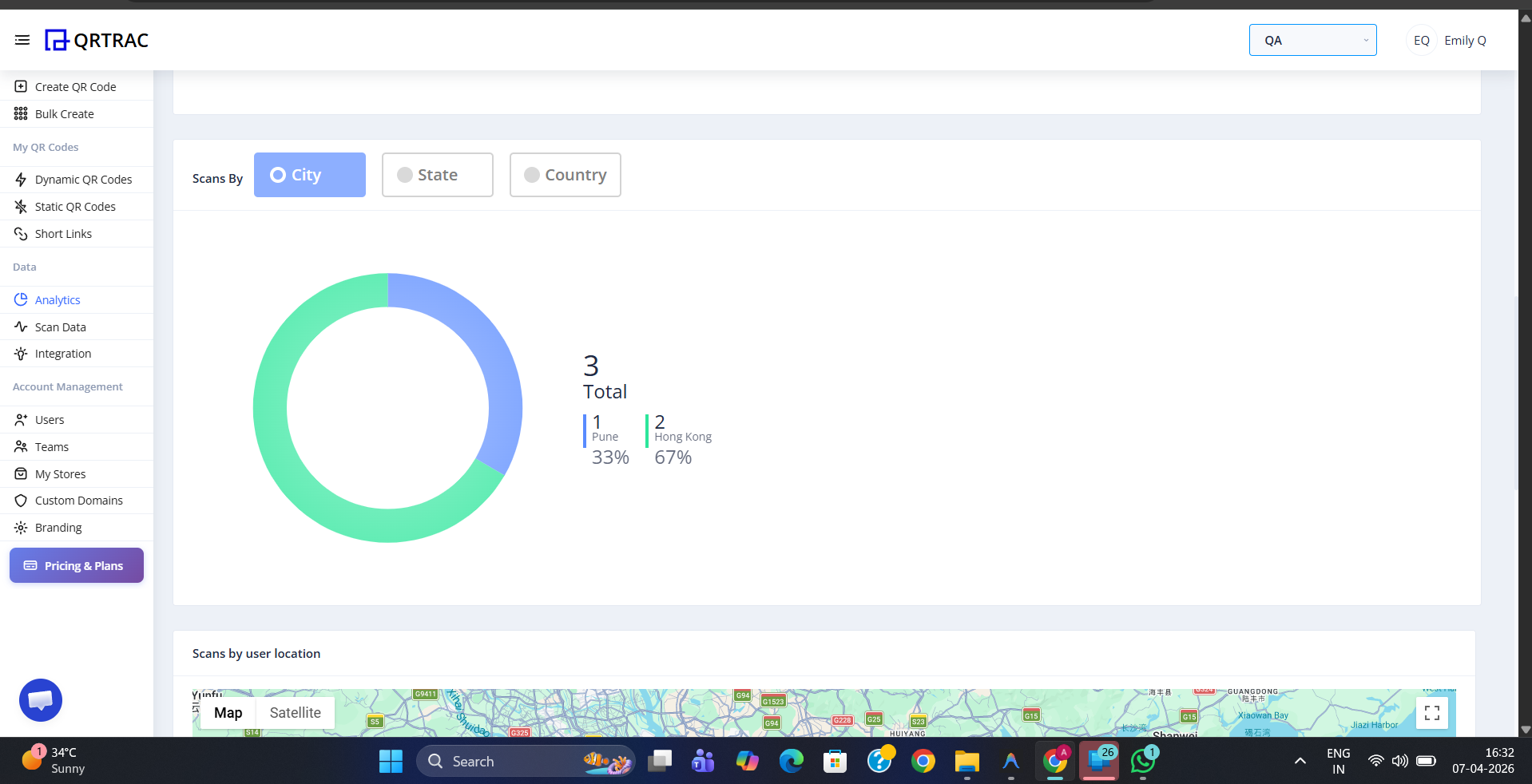 Scans by Location section showing a donut chart with 3 total scans broken down by city, with a map starting to appear below
