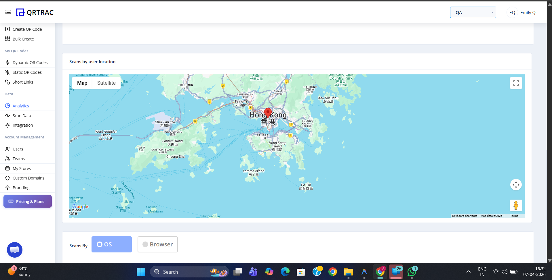 Interactive map showing scan location pins clustered around Hong Kong with Map and Satellite view toggle