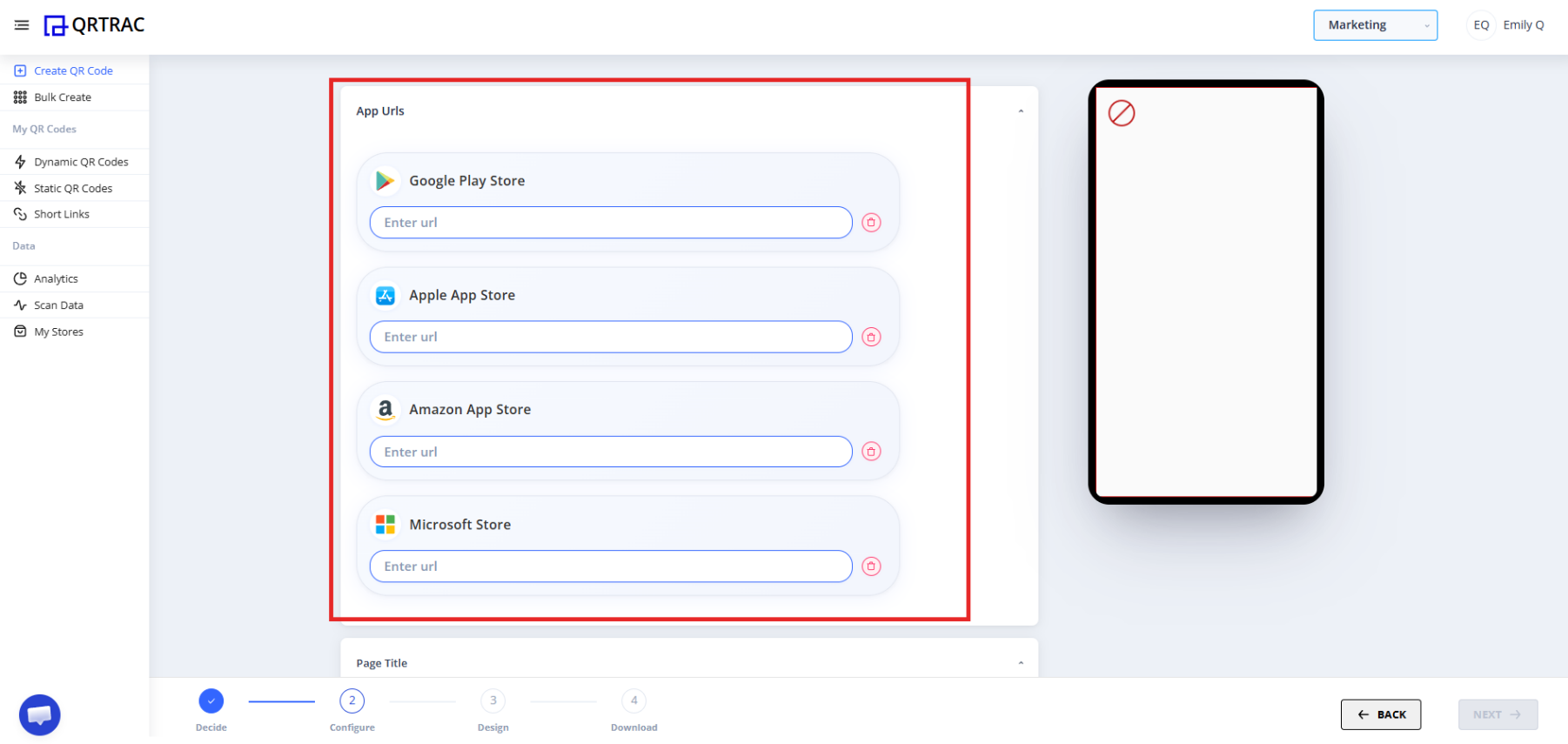 App store URL input fields for Google Play, Apple, Amazon, and Microsoft