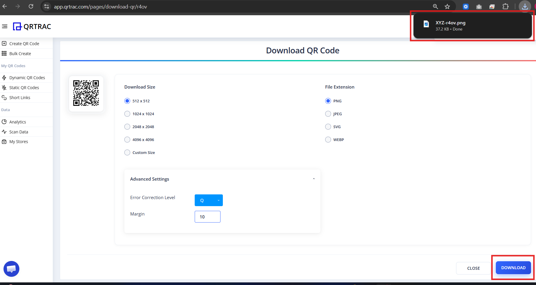 Download QR screen showing size and file format options