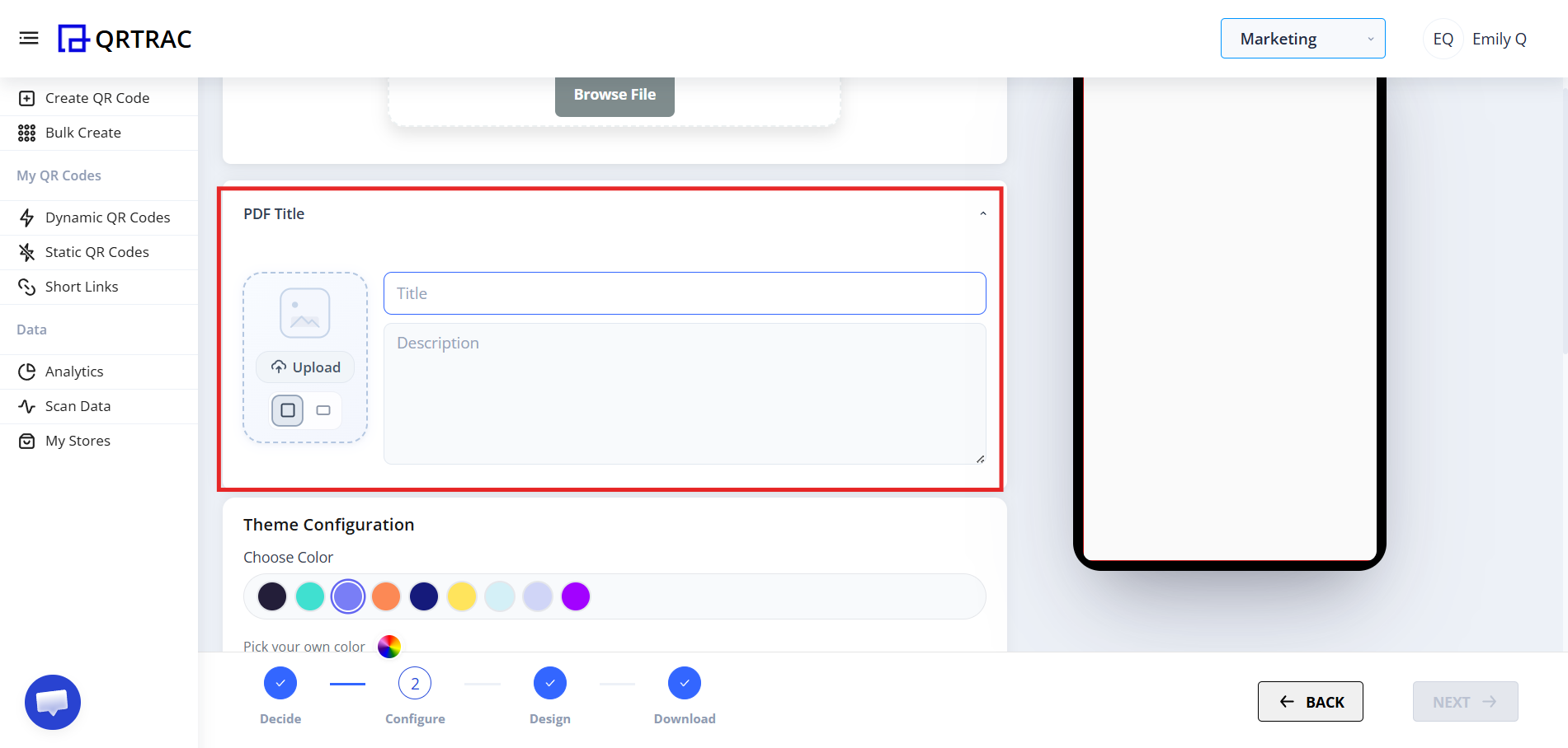 Landing page customization with title, logo upload, and theme color options