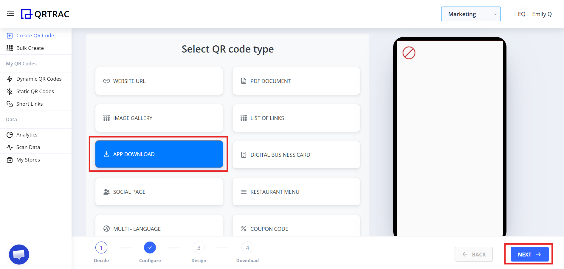 QR code type selection screen with App Download highlighted