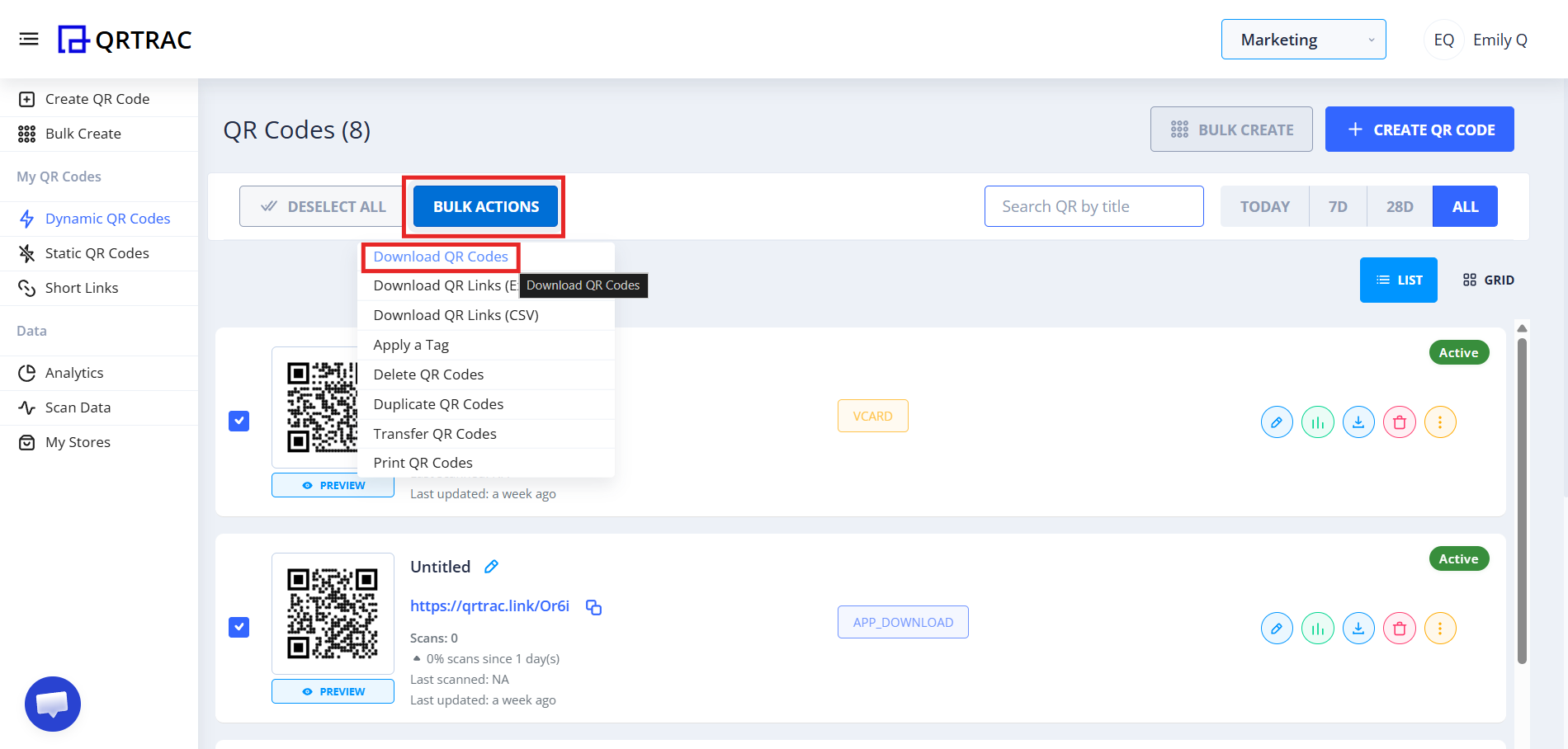 Bulk actions dropdown