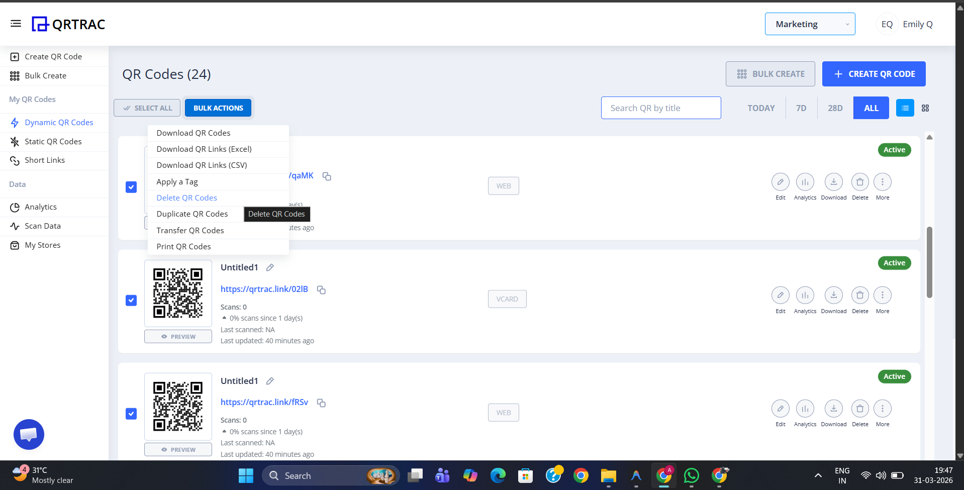 Bulk Actions dropdown menu open with 'Delete QR Codes' option