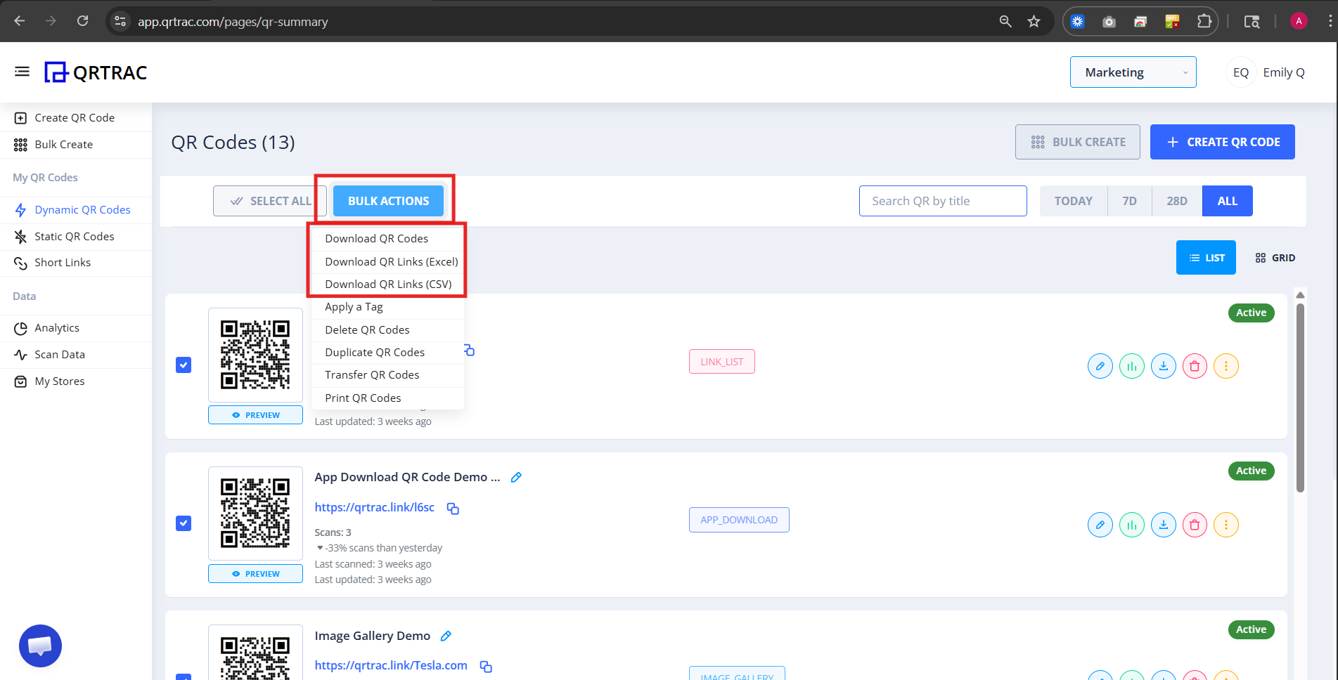 Bulk Actions dropdown menu open showing Download QR Codes, Download QR Links Excel, and Download QR Links CSV options