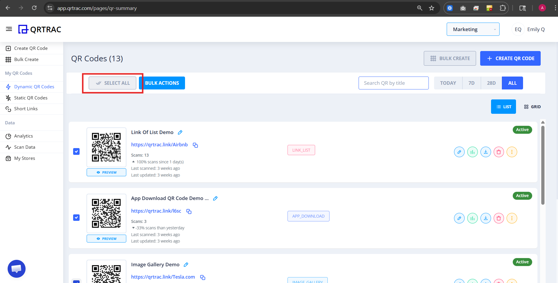 QR codes list with multiple QR codes selected
