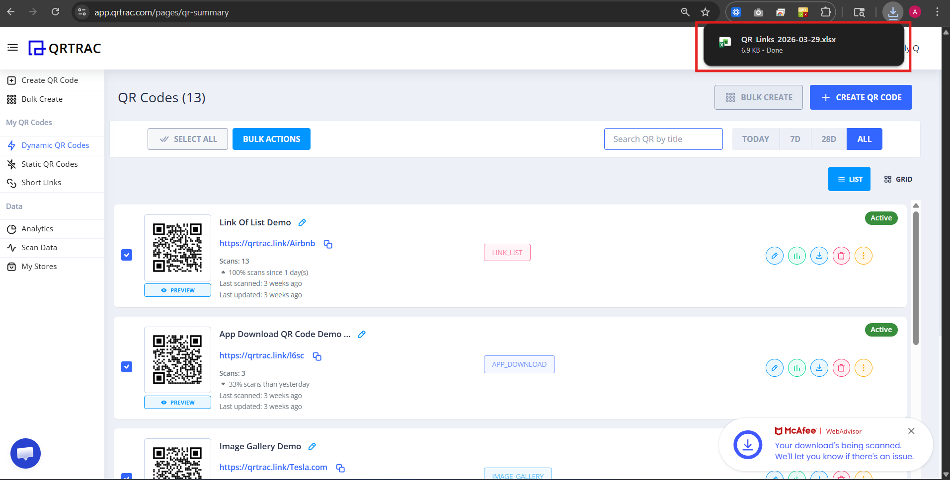 Downloaded ZIP file from QRTRAC bulk download