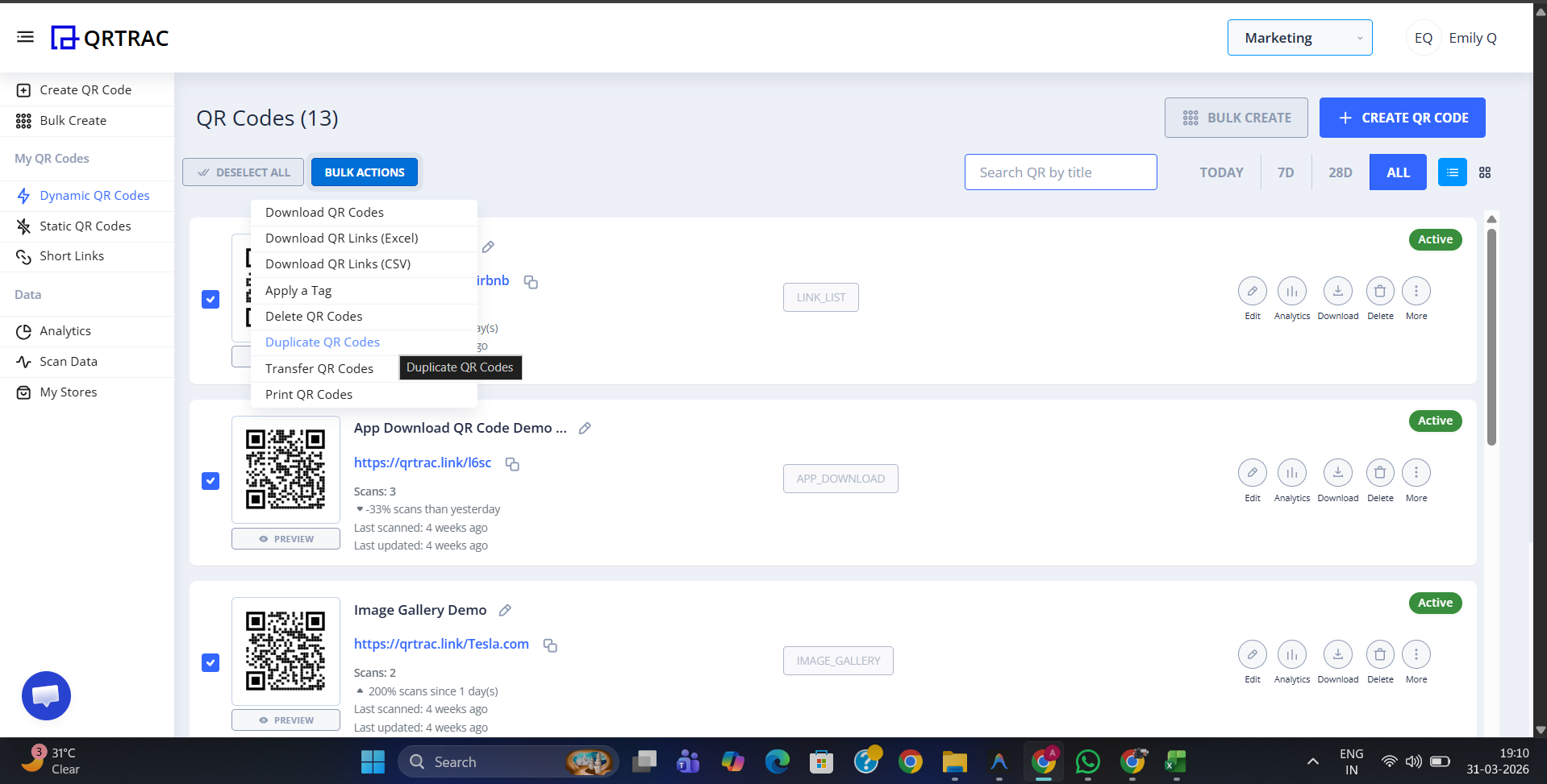 Bulk Actions dropdown menu open with Duplicate QR Codes option