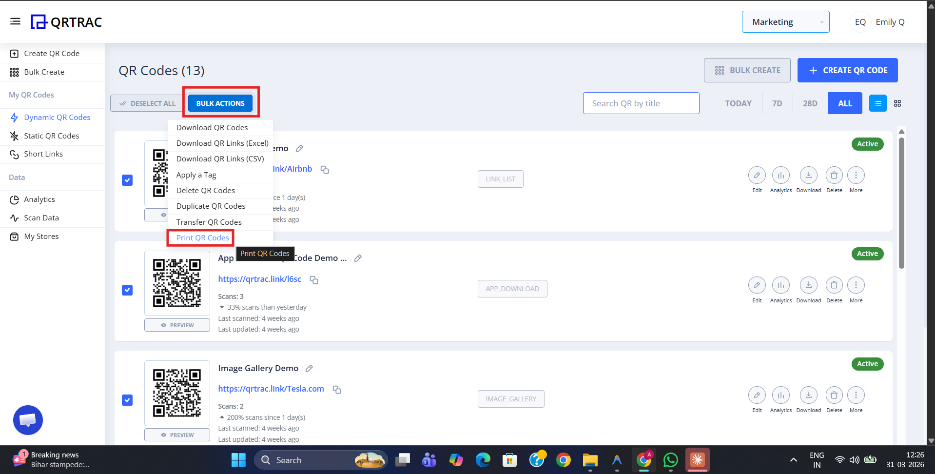 Dashboard showing multiple QR codes selected and 'Print QR Codes' clicked