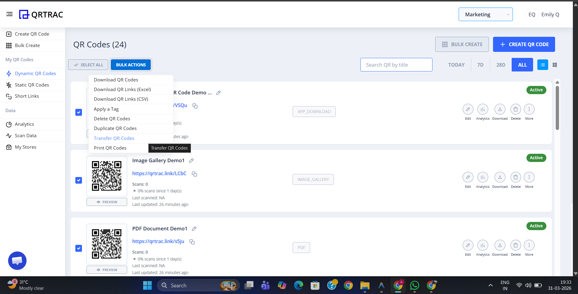 Bulk Actions dropdown menu open with Transfer QR Codes option