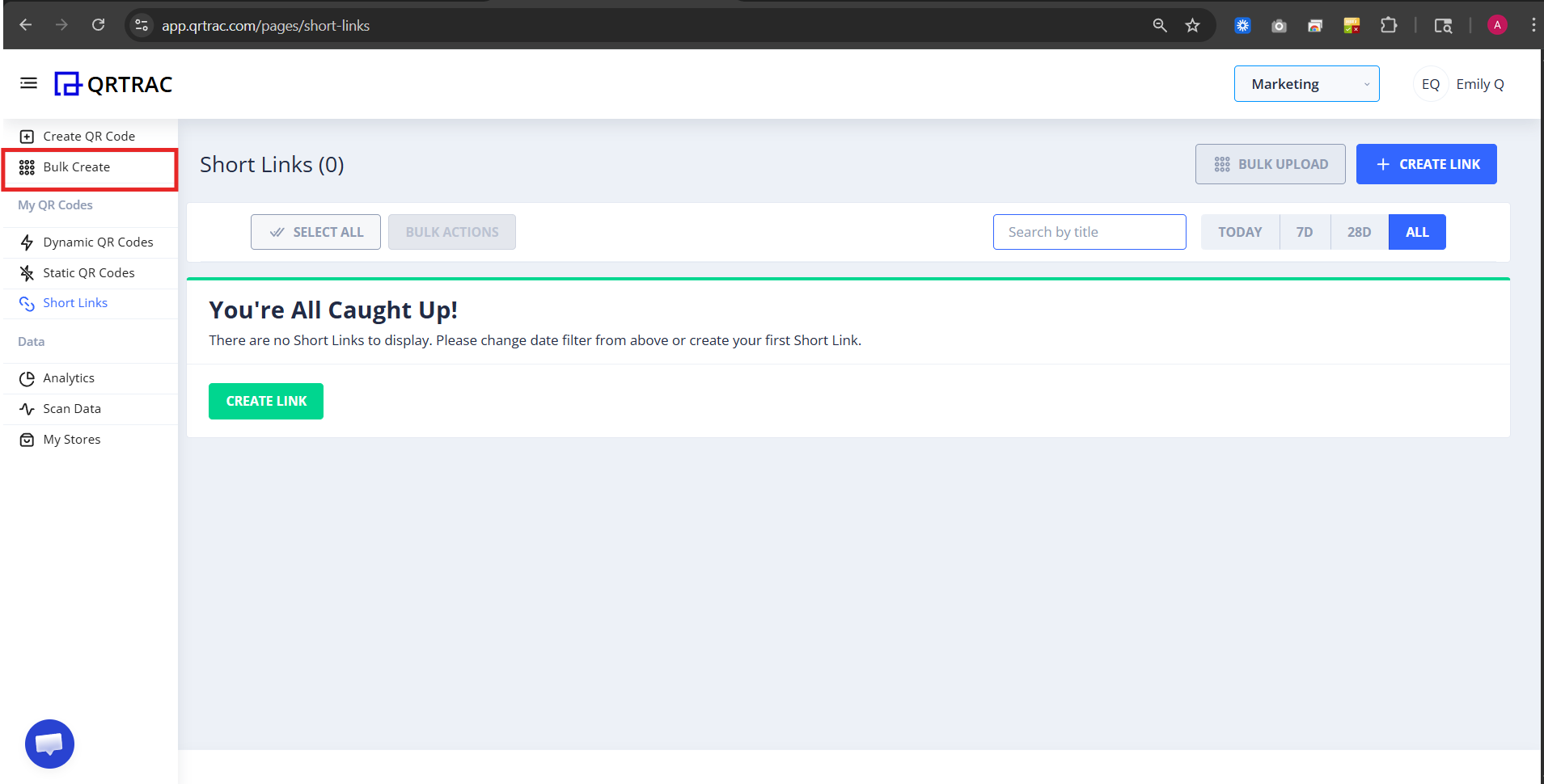 Bulk Create menu in the QRTRAC dashboard