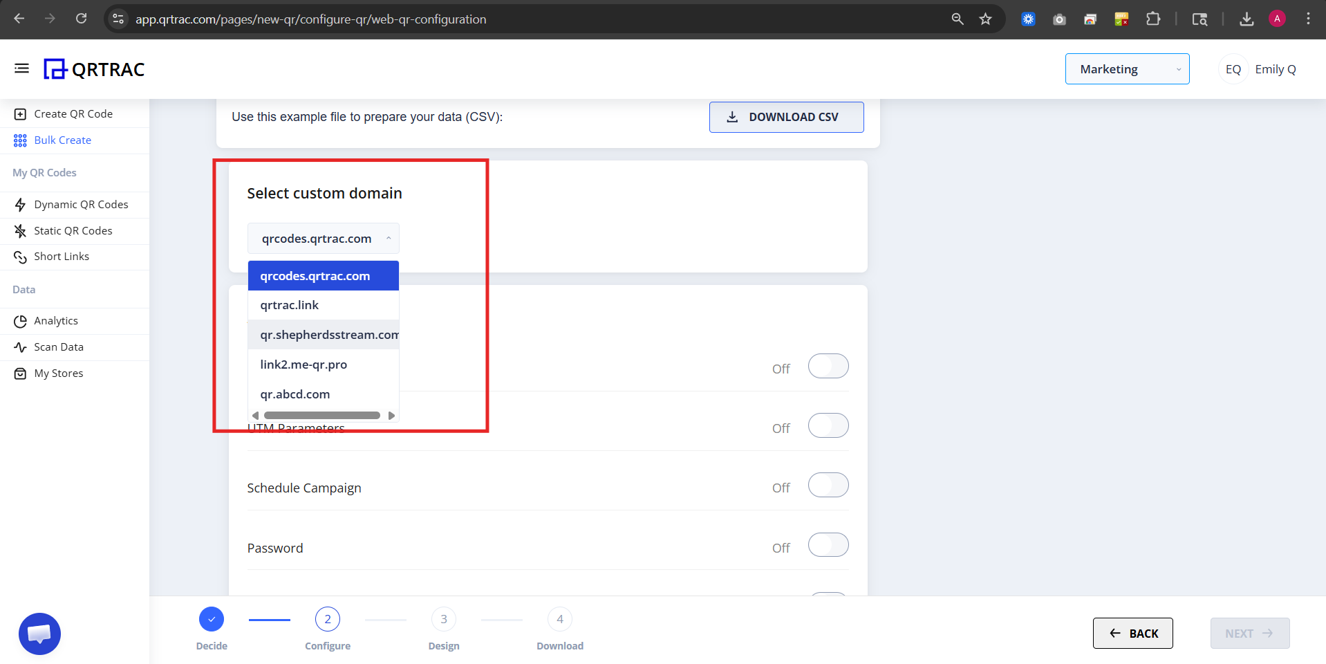 Domain selection screen