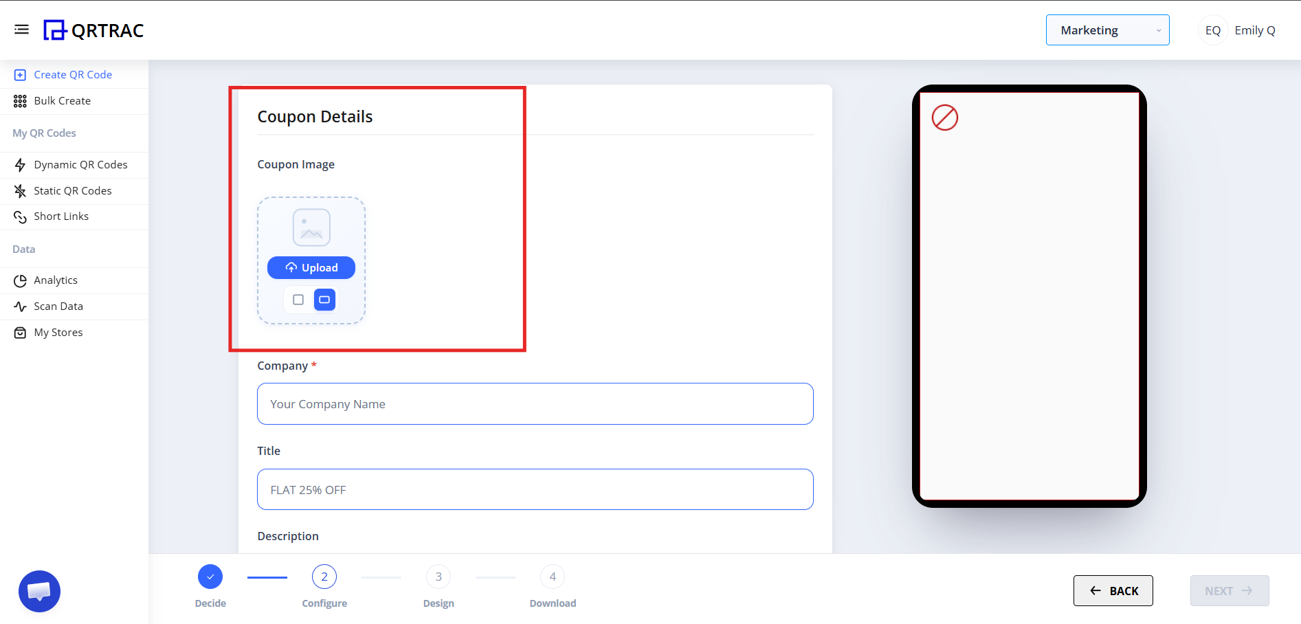 Coupon image upload section for adding promotional banner