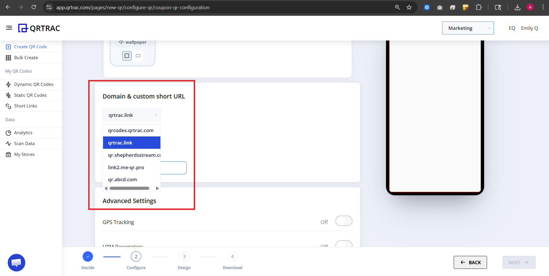 Domain and Custom Short URL settings section
