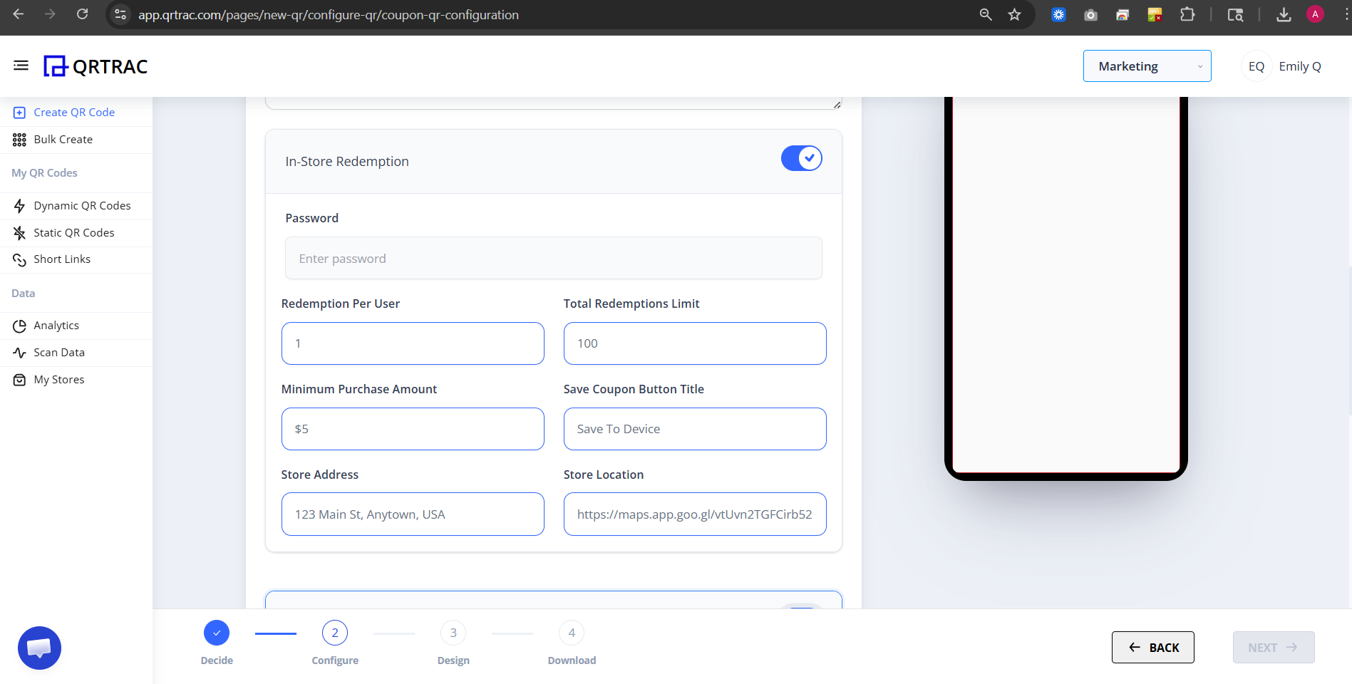 In-Store Redemption settings panel showing Password, Redemption Per User, Total Redemptions Limit and Minimum Purchase Amount fields