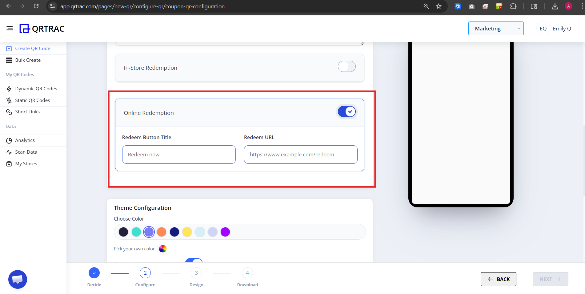 Online Redemption toggle enabled showing Redeem Button Title and Redeem URL fields