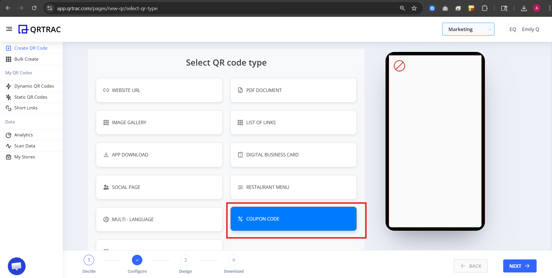 QRTRAC QR code type selection screen with Coupon QR Code highlighted