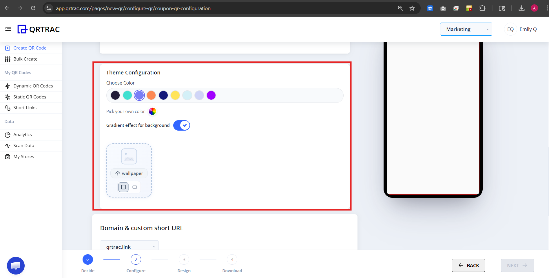 Theme Configuration panel with color and gradient options