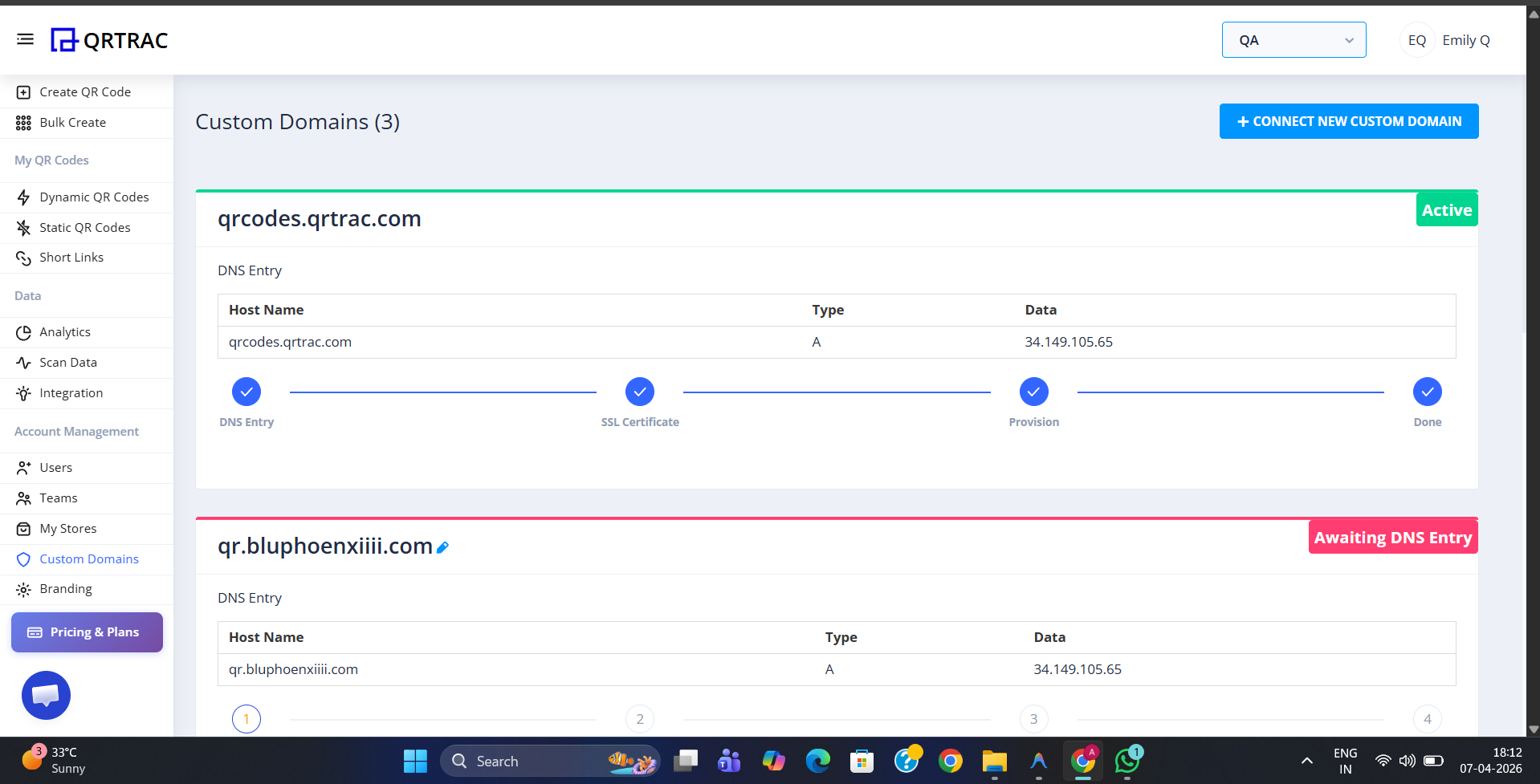 QRTRAC Custom Domains page showing two domain cards — qrcodes.qrtrac.com marked Active with all steps complete, and qr.bluphoenxiii.com marked Awaiting DNS Entry