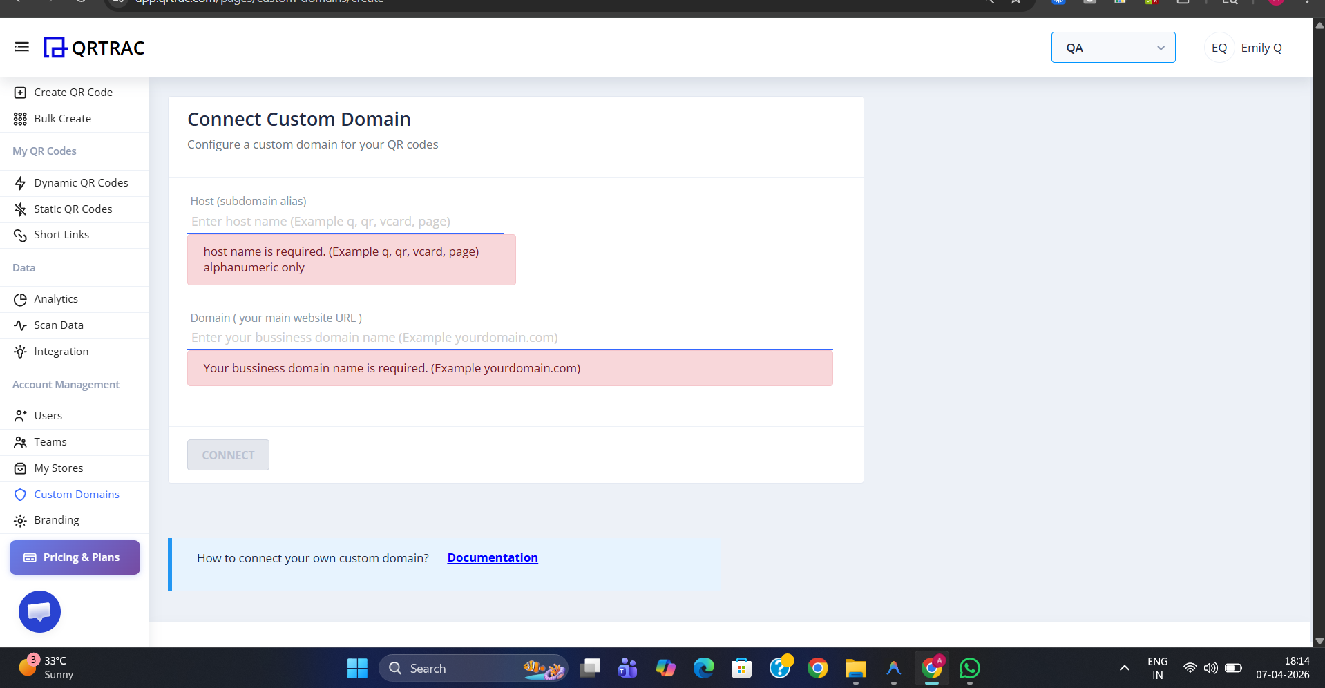 Connect Custom Domain form showing a Host subdomain field and a Domain main website URL field with a Connect button