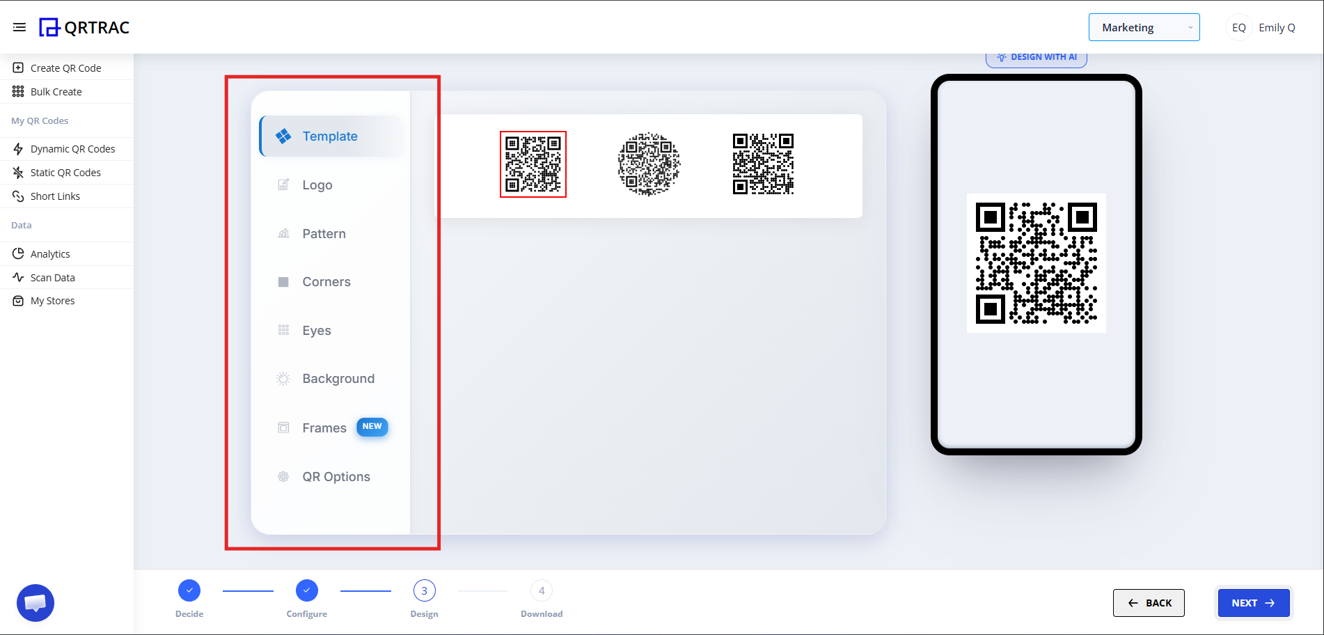 QR code design customization screen showing color, logo, pattern options