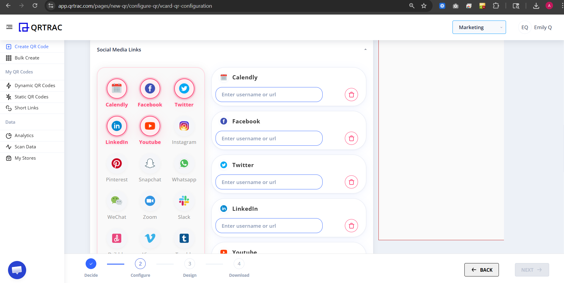 Social Links section showing platform icons to add social profiles