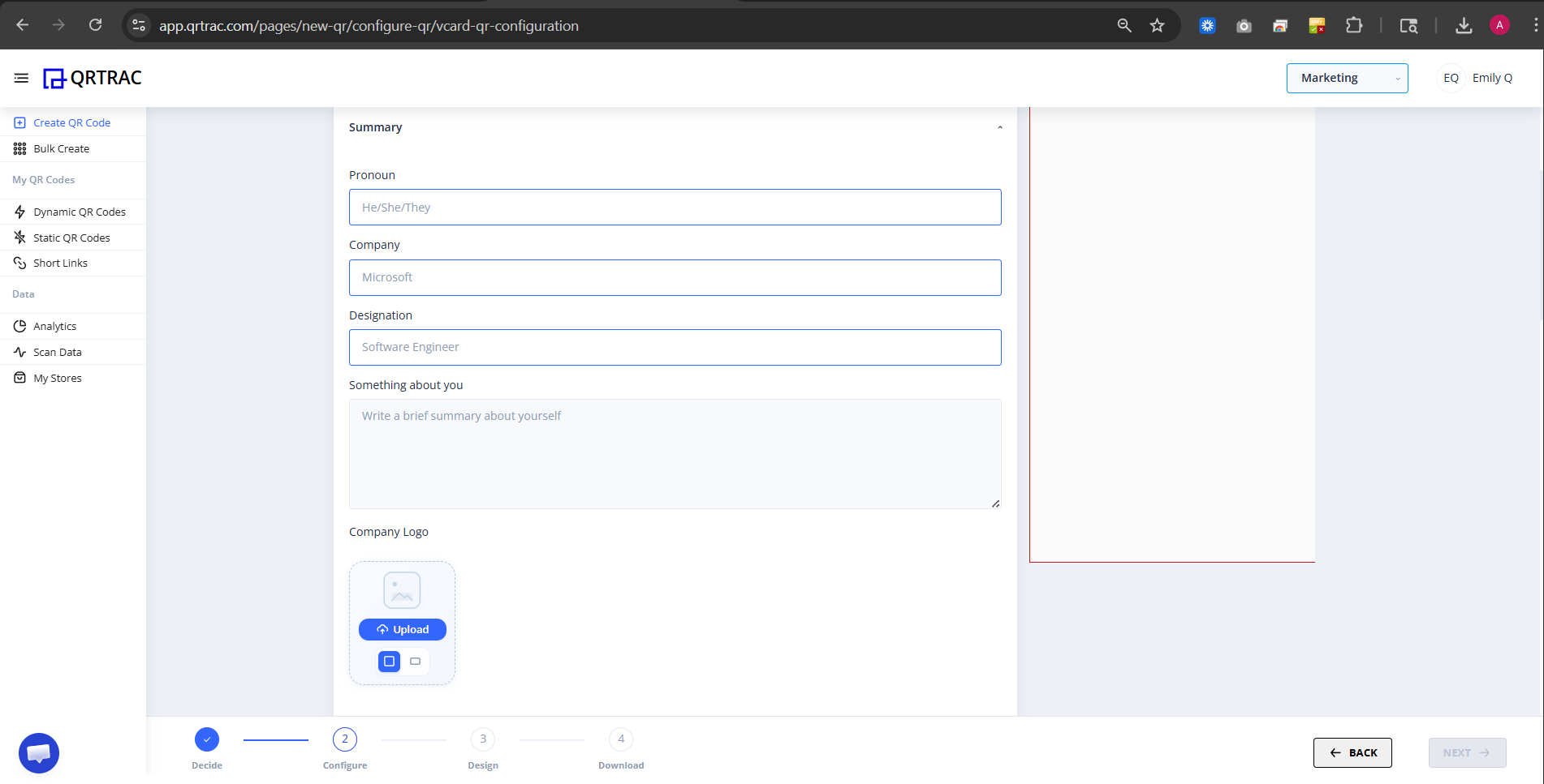 Summary section showing pronoun, company, designation and bio fields