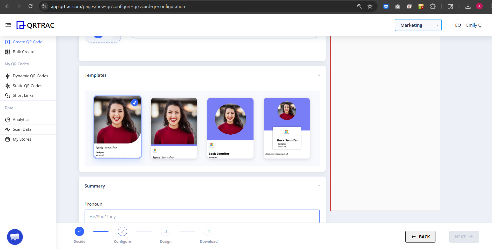 Template Selection section showing different card layout options