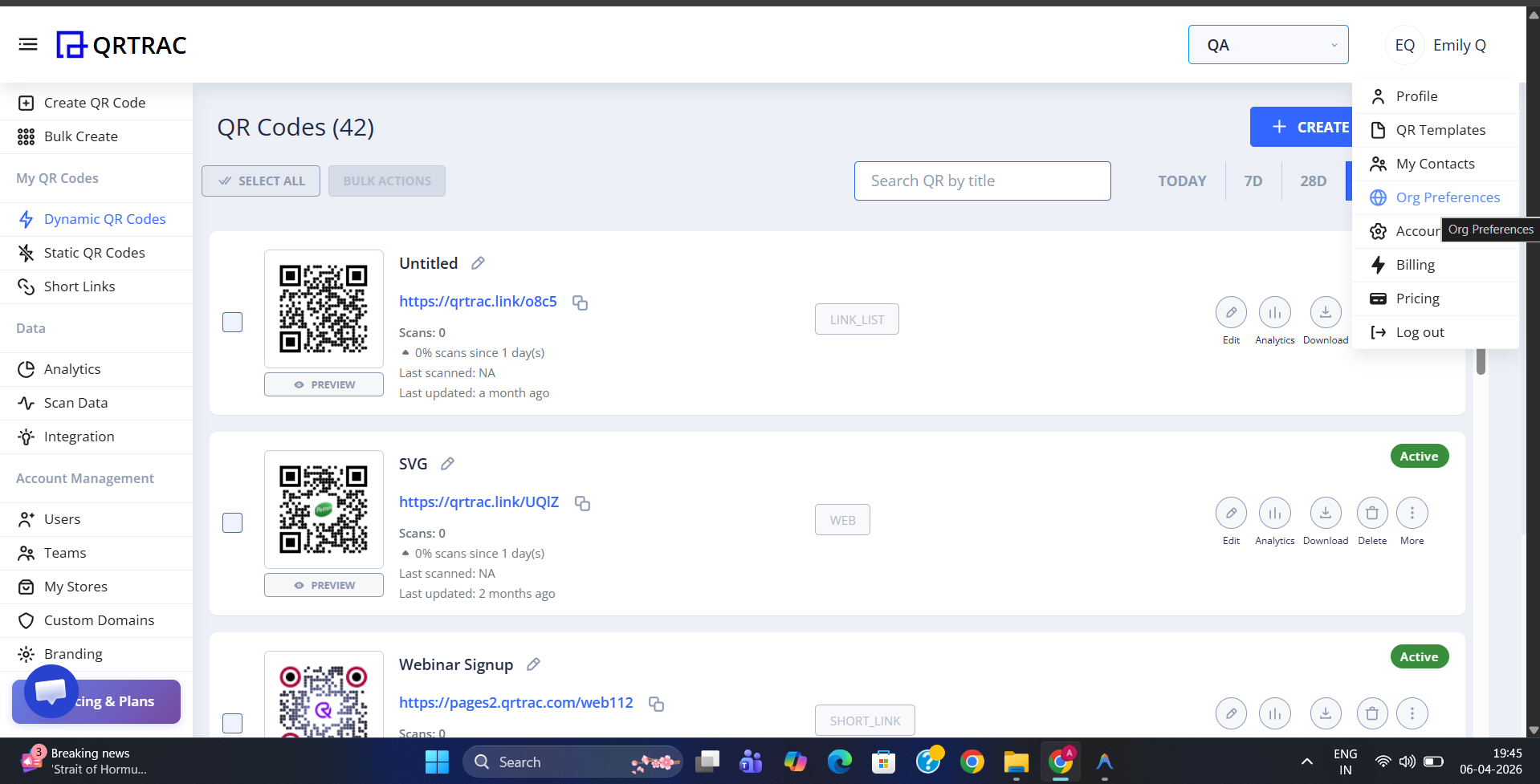 QRTRAC dashboard account dropdown with Org Preferences highlighted