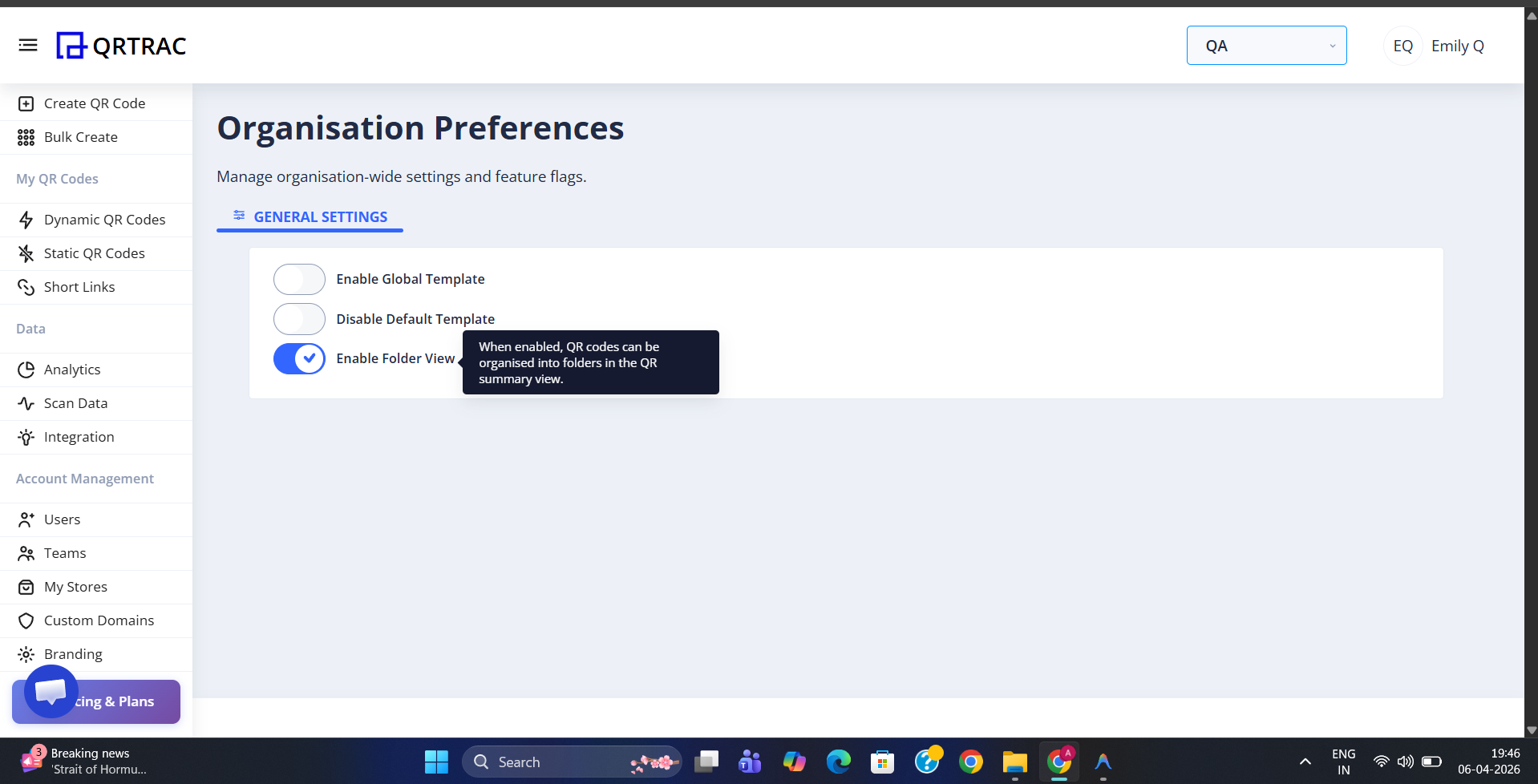 Organisation Preferences page with Enable Folder View toggle turned on
