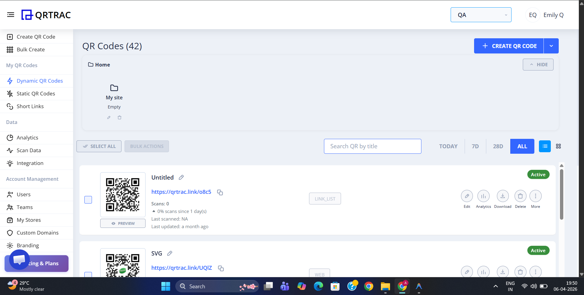 QRTRAC Dynamic QR Codes page showing a newly created folder card labelled My site